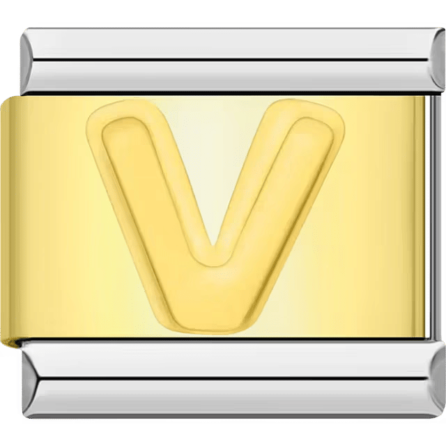 Gold Italian charm link with a raised letter "V" on a polished gold surface and silver edges.